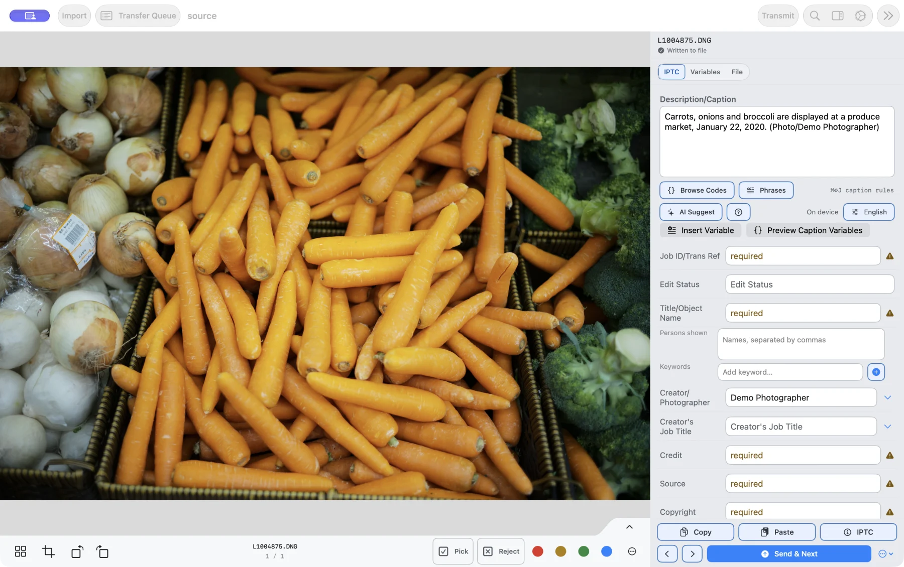 PressKit on Mac with a market photograph and the on-device AI Suggest caption workflow