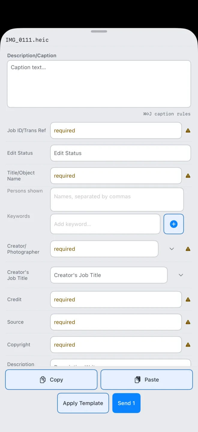 PressKit Field Mode caption workspace on iPhone